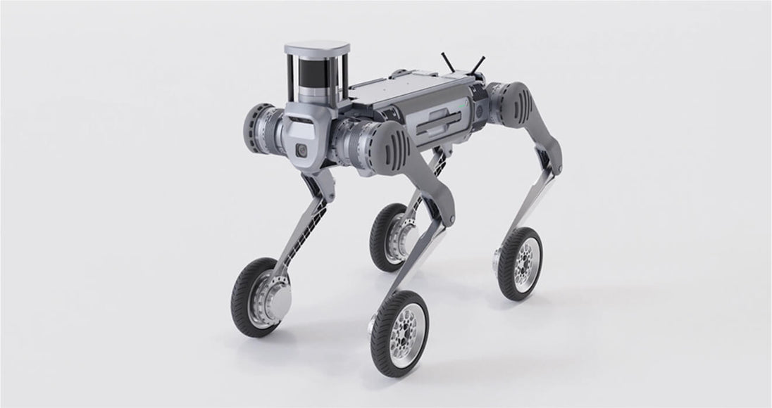 Unitree B2 quadruped fitted with the B2-W wheel-leg package, four wheel assemblies installed