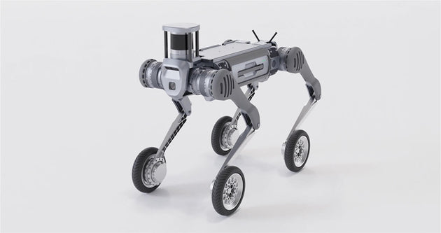 Unitree B2 quadruped fitted with the B2-W wheel-leg package, four wheel assemblies installed
