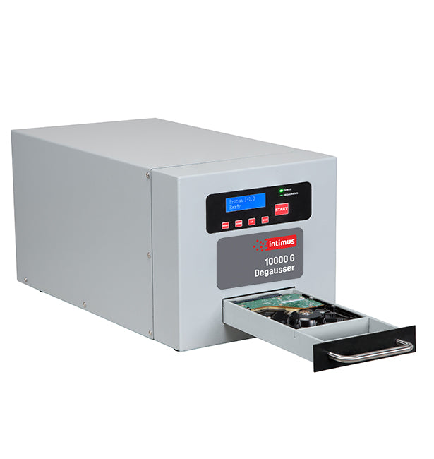 Intimus Model 10000G degausser with media drawer open
