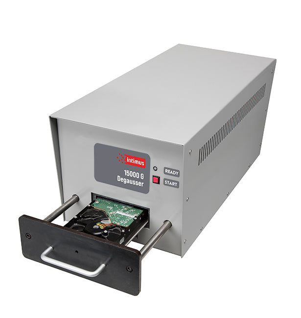 Intimus Model 15000G degausser with media drawer open