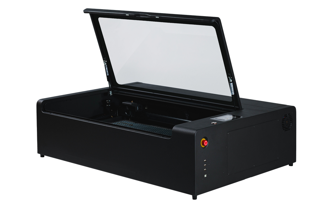 FLUX HEXA RF laser cutter - side angle view, lid open