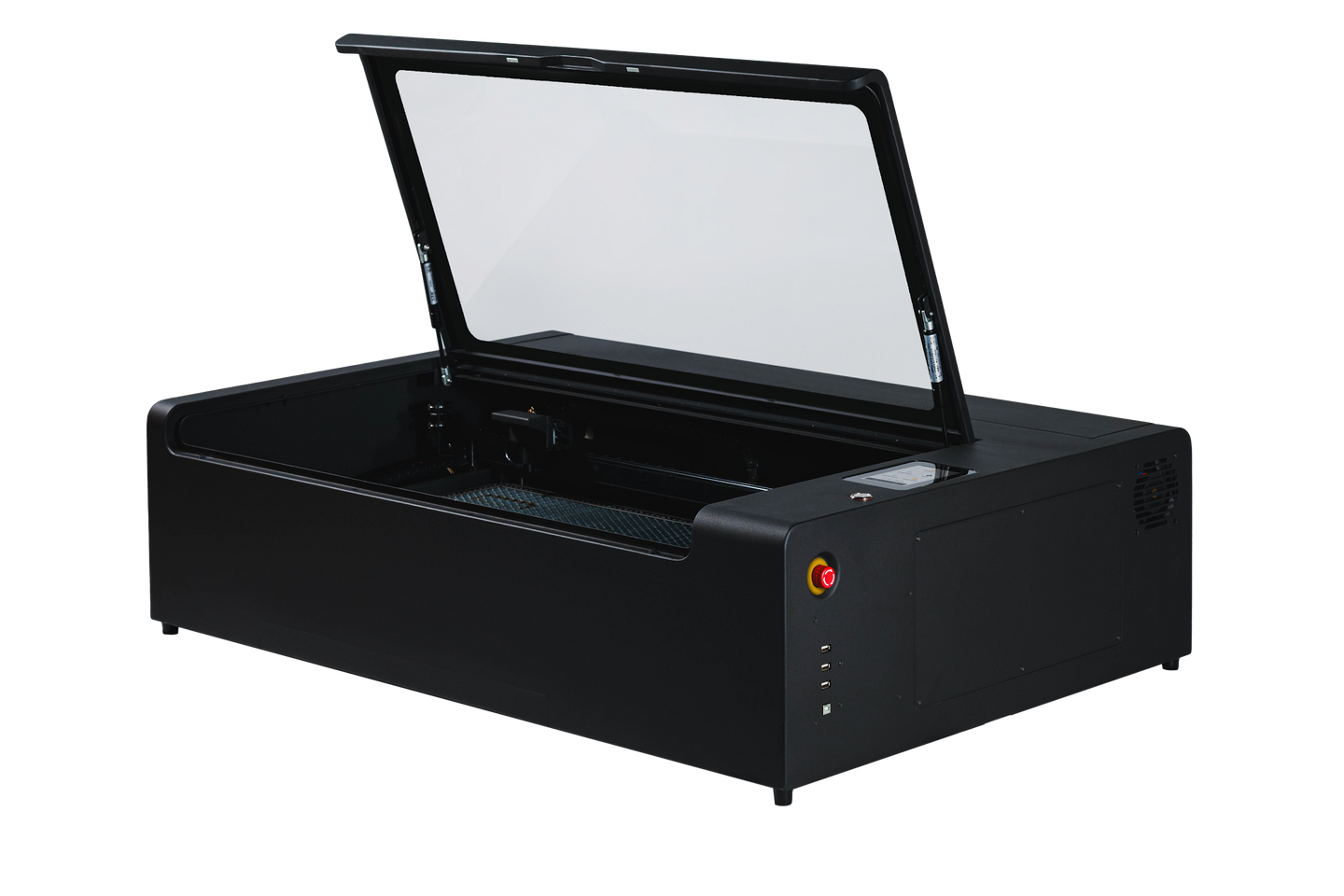 FLUX HEXA RF laser cutter - side angle view, lid open