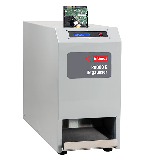 Intimus Model 20000G NSA-listed degausser with hard drive being fed into top slot