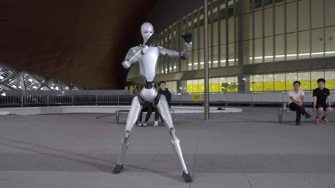 Unitree H2 EDU Humanoid Robot in a dynamic wide-stance pose, full-body outdoor action shot