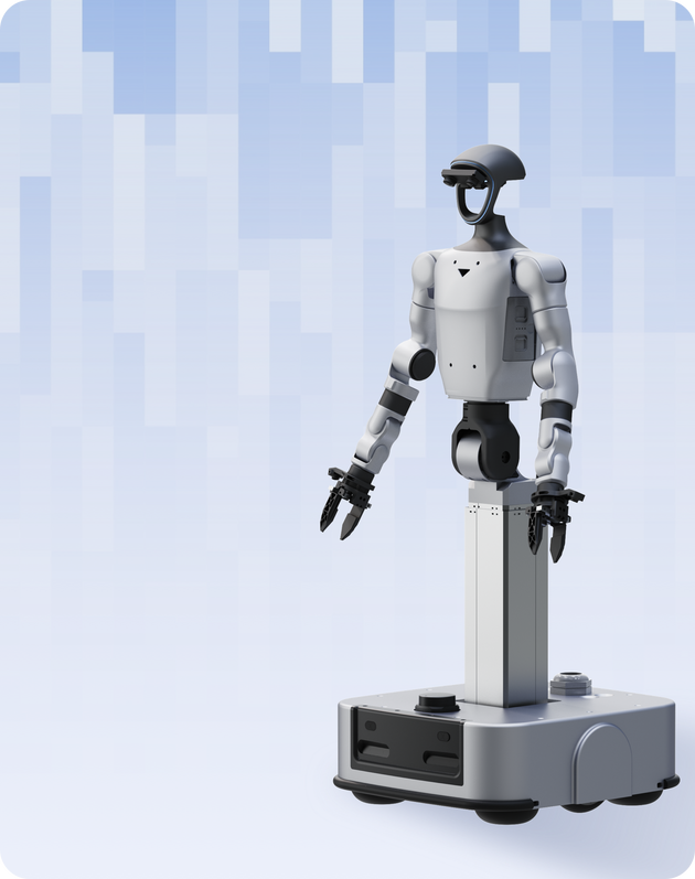 Unitree G1-D Ultimate D (G1-D-U9) complete Wheel Base Dual-Arm Humanoid Robot, 3/4 view