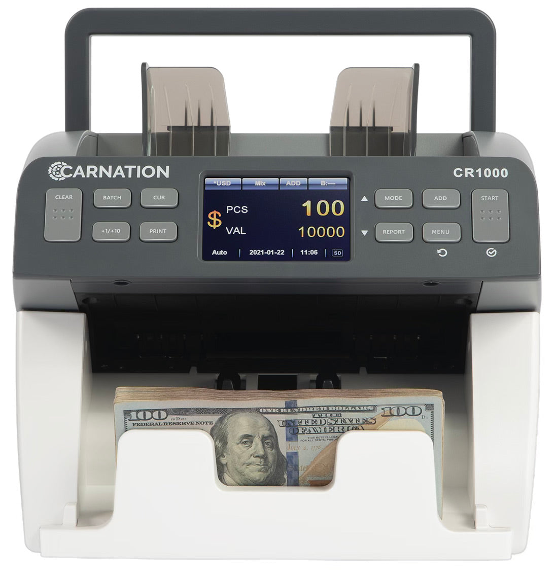 Carnation FedPro CR1000 currency counter, angled view