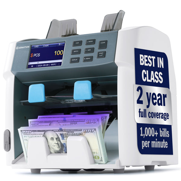 Carnation FedPro CR1450 currency counter, angled view