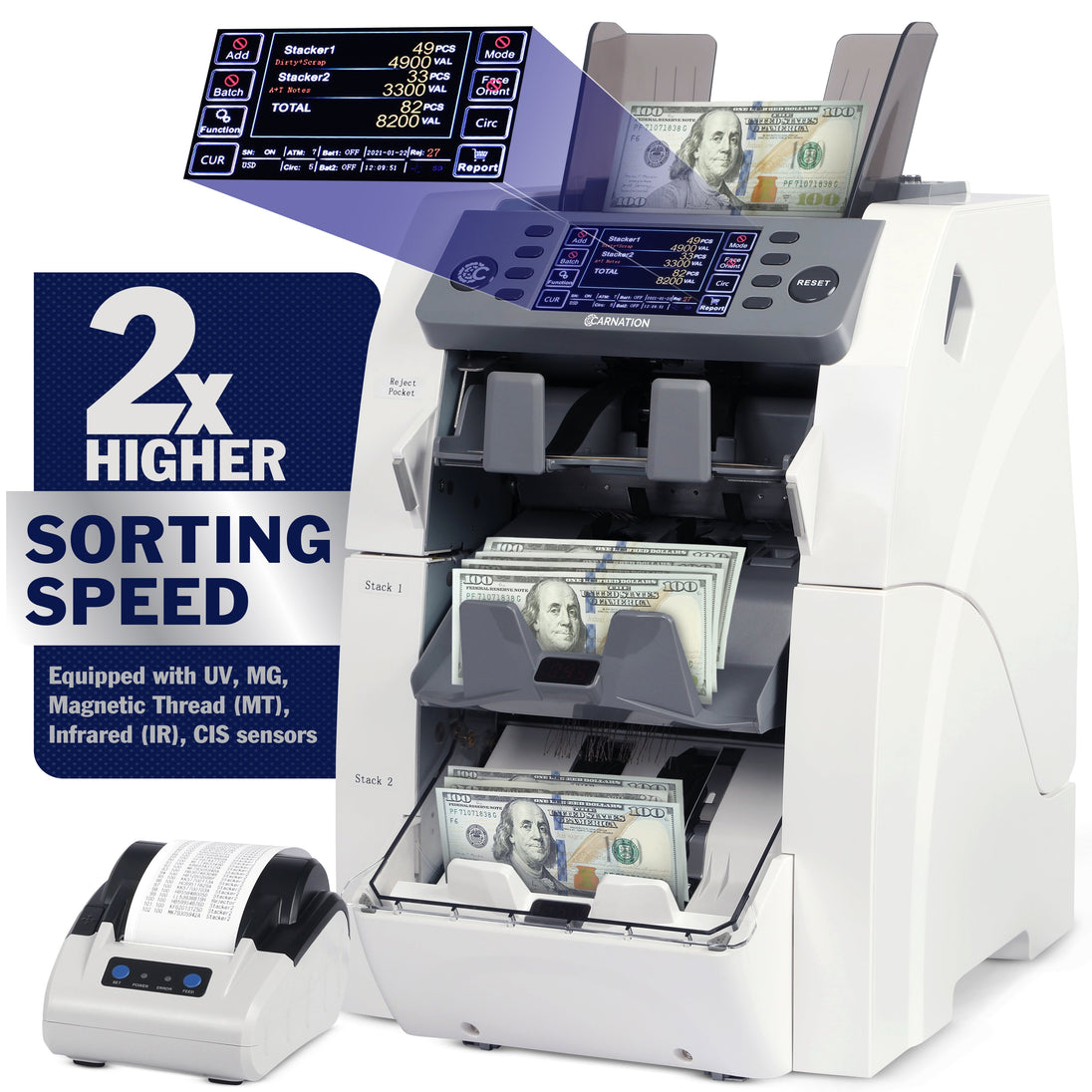 Carnation FedPro CR2500 currency counter, angled view