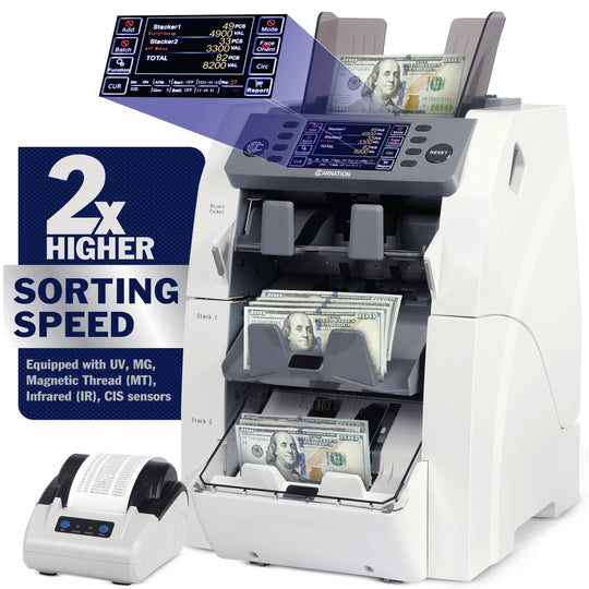 Carnation FedPro CR2500 currency counter, angled view