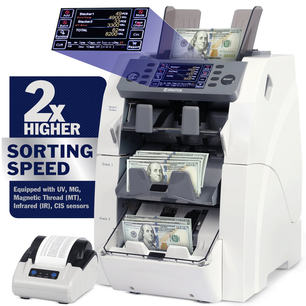 Carnation FedPro CR2500 currency counter, angled view