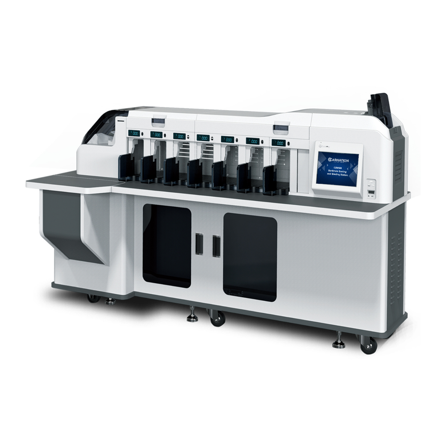 Carnation FedPro CR9700 currency sorter and strapping machine, front view