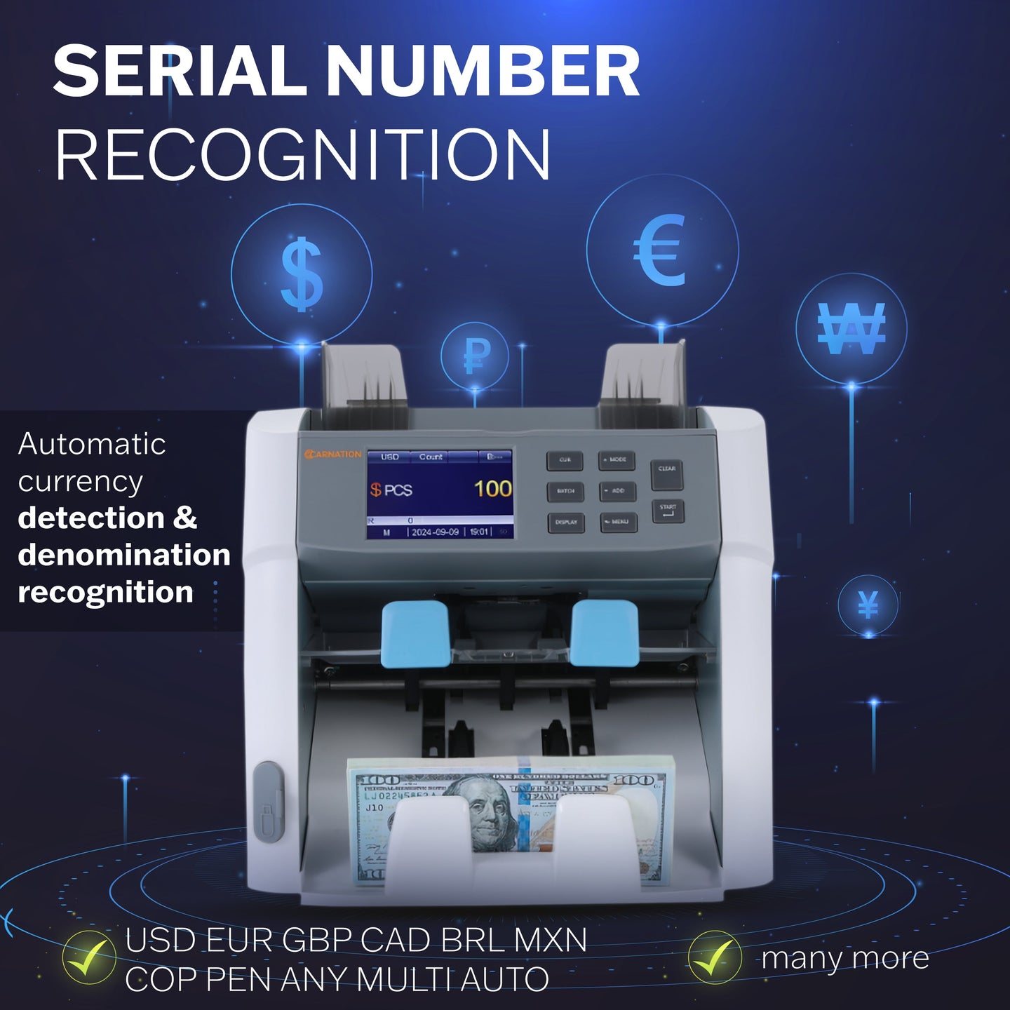 Carnation FedPro CR1450 currency counter, side view