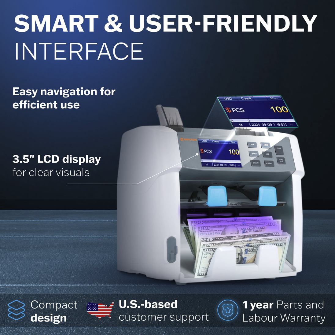 Carnation FedPro CR1450 currency counter, rear access view