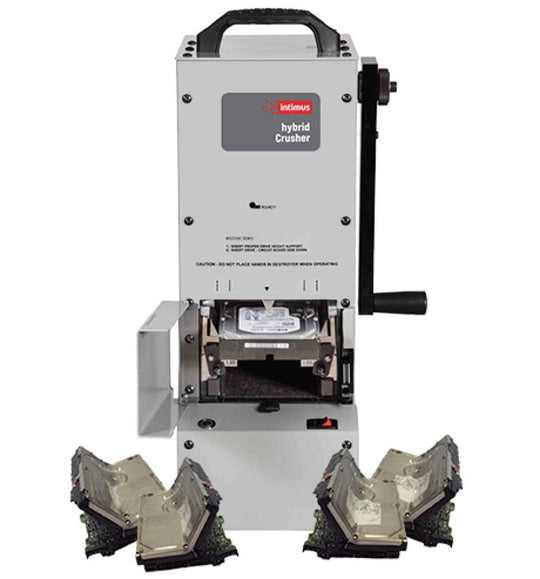 Intimus Hybrid NSA-listed hard drive crusher with crushed hard drives