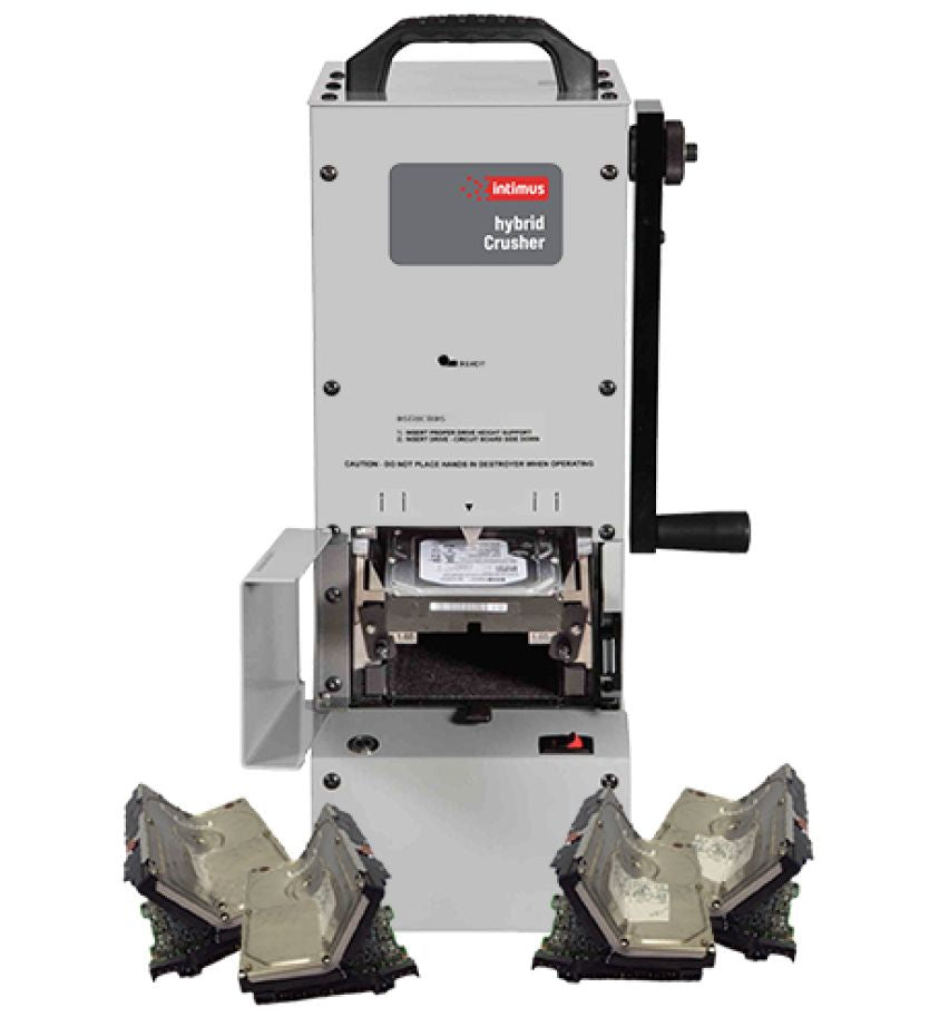 Intimus Hybrid NSA-listed hard drive crusher with crushed hard drives